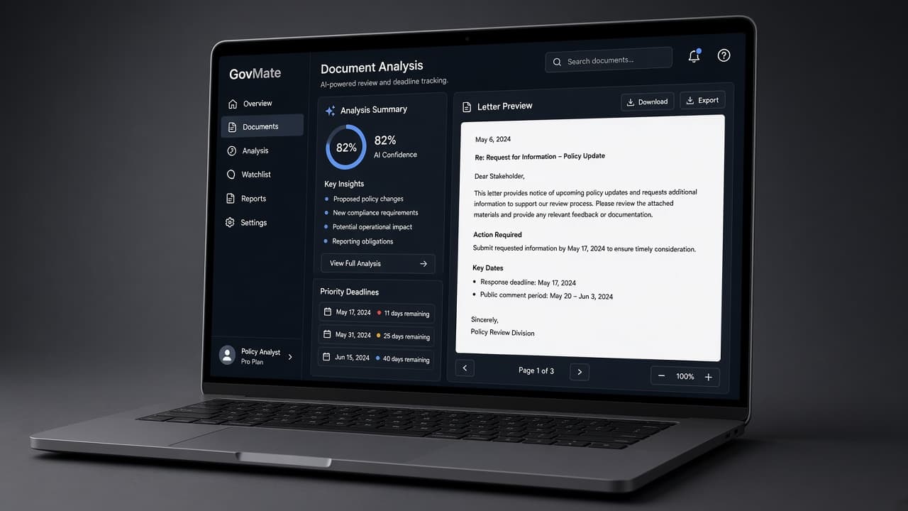 GovMate AI product interface mockup on a laptop